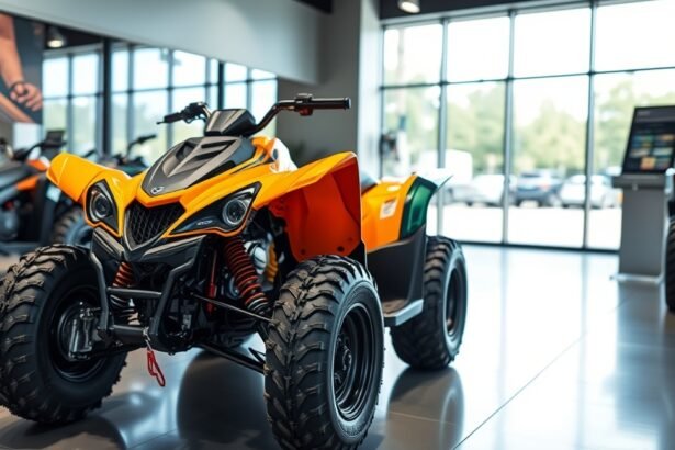 Színes quad motorkerékpár bemutatóteremben