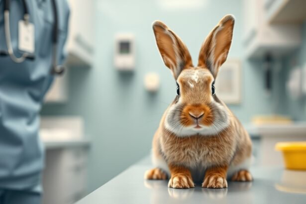 Egy nyúl ivartalanítás előtt egy állatorvosi rendelőben