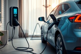 Villanyautó töltése otthon egy modern töltőállomással.