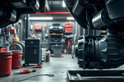 Automata váltó olajcseréhez használt eszközök és alkatrészek a műhelyben.