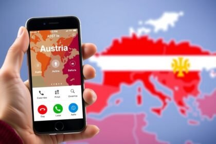 Mobiltelefon hívás Ausztriába, térkép háttérrel