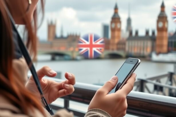 Nő telefonál Angliában, a Parlament háttérben