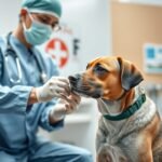 Állatorvosi rendelőben veszettség elleni oltásra váró kutya