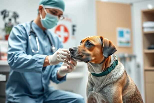 Állatorvosi rendelőben veszettség elleni oltásra váró kutya