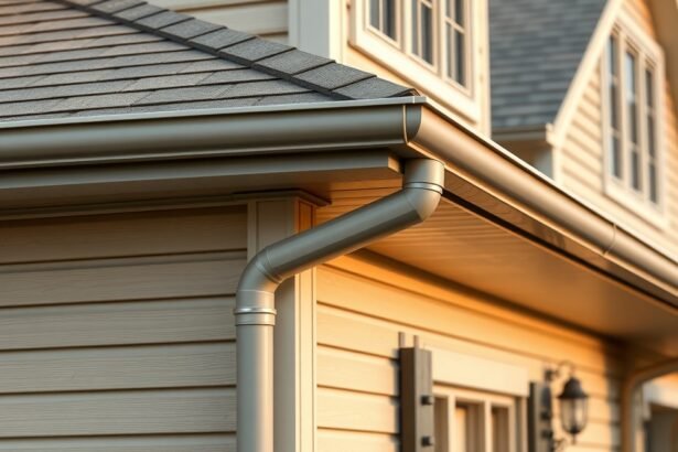 Ereszcsatorna és tető részletei egy házon, napfényben.