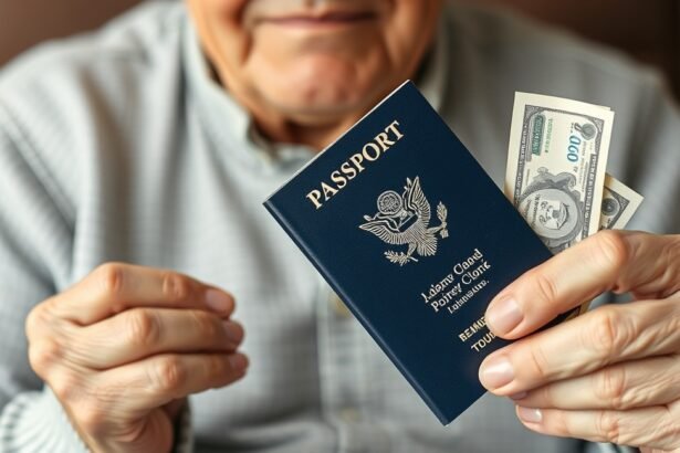 Idős férfi útlevéllel és készpénzzel az utazás előtt.