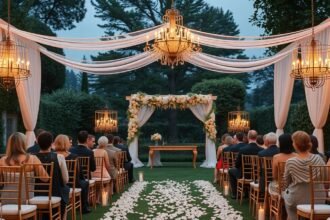 30 fős esküvő díszítése kültéren gyönyörű virágokkal és gyertyákkal.