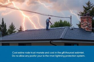 Villámhárító telepítése egy ház tetején viharos időben.