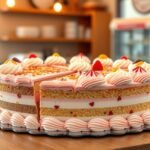 16 szeletes torta díszítéssel, cukrászdai környezetben