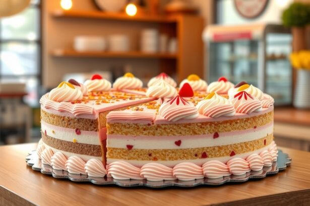 16 szeletes torta díszítéssel, cukrászdai környezetben