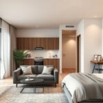 Modern berendezésű lakás nappalival és konyhával.