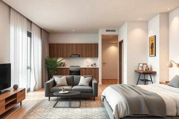 Modern berendezésű lakás nappalival és konyhával.