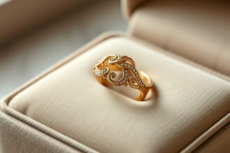Elegáns aranygyűrű díszítéssel ékszerdobozban