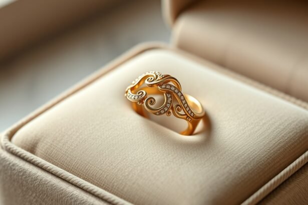 Elegáns aranygyűrű díszítéssel ékszerdobozban