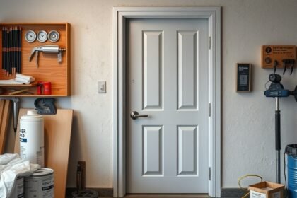 Fóliázás előkészületek ajtó előtt, szerszámok és anyagok a garázsban.