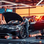 Autószerelő olajcserét végez egy modern műhelyben.