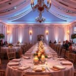 Elegáns étterem belső tér egy esküvőhöz, megvilágítva gyertyákkal.