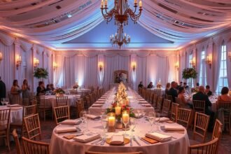 Elegáns étterem belső tér egy esküvőhöz, megvilágítva gyertyákkal.