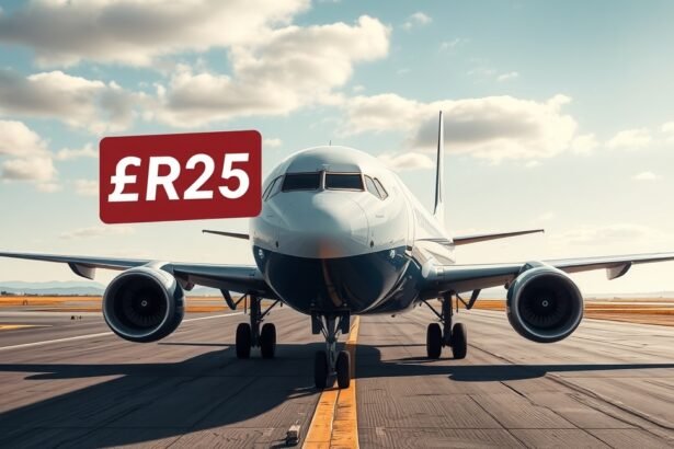 Boeing 737 repülőgép egy reptéren, árjelzéssel.