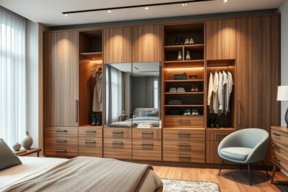 Modern beépített szekrény elegáns tervezéssel és világítással.