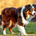 Felnőtt ausztrál juhászkutya a természetben, élénk színekkel.