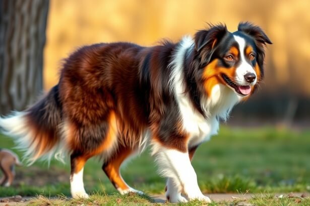 Felnőtt ausztrál juhászkutya a természetben, élénk színekkel.