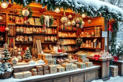 Karácsonyi kézműves termékek árusítóhelye ünnepi dekorációval.