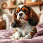 Cavalier King Charles spániel egy szőnyegen ülve, otthoni környezetben.