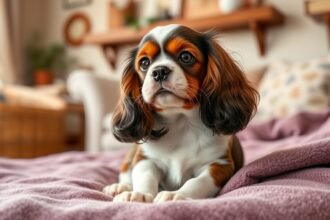 Cavalier King Charles spániel egy szőnyegen ülve, otthoni környezetben.