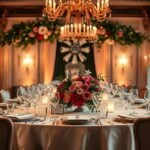 Elegáns esküvői vacsora elrendezés virágokkal és gyertyákkal.