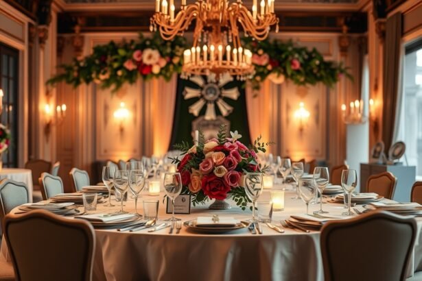 Elegáns esküvői vacsora elrendezés virágokkal és gyertyákkal.