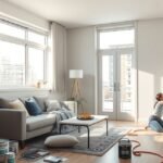 Lakásfestés folyamata egy világos, modern nappaliban.