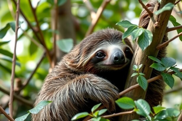 Lajhár egy fán, zöld levelek között.