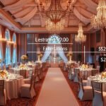 Elegáns esküvői helyszín dekorációval és terítéssel.