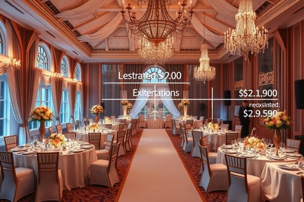 Elegáns esküvői helyszín dekorációval és terítéssel.