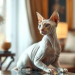 Szfinx macska a modern otthonban, elegáns bútorok között.