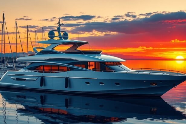 Luxusjacht naplementében a kikötőben, csillogó víz tükrében