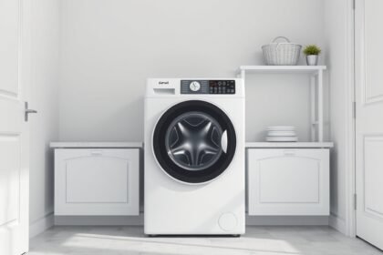 Modern mosógép otthon, fehér fal és bútorok között.