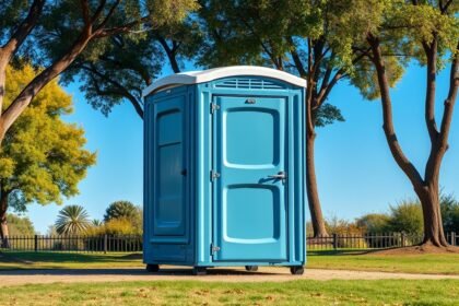 Mobil WC a zöld fák között egy szabadban lévő területen.