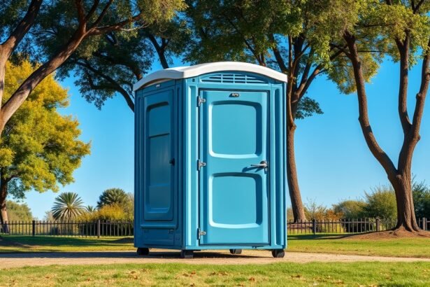 Mobil WC a zöld fák között egy szabadban lévő területen.