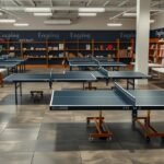 Modern pingpongasztalok beltéri helyszínen.