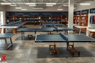 Modern pingpongasztalok beltéri helyszínen.