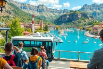 Osztálykirándulás gyönyörű helyszínen, gyerekek utaznak buszon.