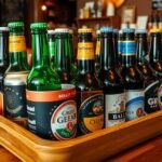 Sörös tálca különböző márkájú üveg sörökkel egy bárban.