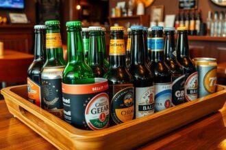 Sörös tálca különböző márkájú üveg sörökkel egy bárban.