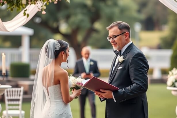 Esküvői szertartásvezető a pár előtt, ceremónia közben.