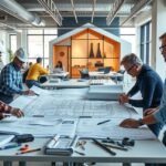 Háztervező szakemberek munka közben építési terveken.