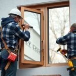 Ablakcserét végző szakemberek dolgoznak egy új ablak beépítésén.