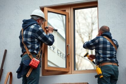 Ablakcserét végző szakemberek dolgoznak egy új ablak beépítésén.