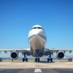 Utasszállító repülőgép a repülőtéren, kék égbolttal